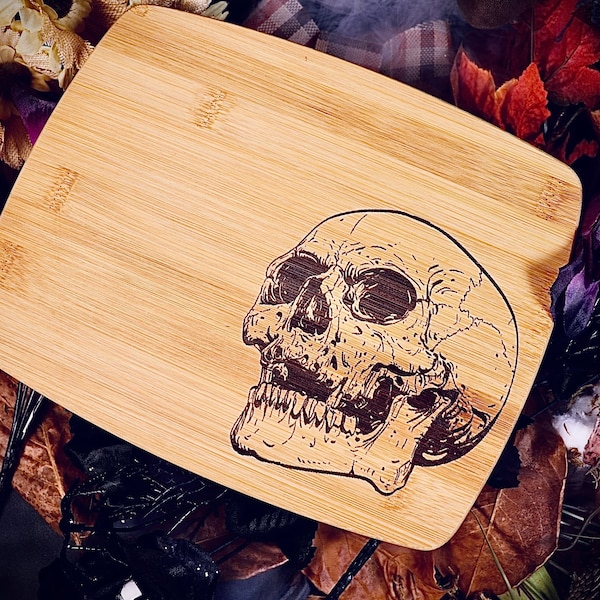 Skull Skeleton Bones Creepy Halloween Fall Bamboo Cutting Serving Charcuterie Cheese Board