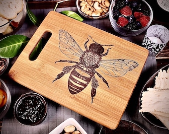 Ornate Bee Engraved Bamboo Cutting Board