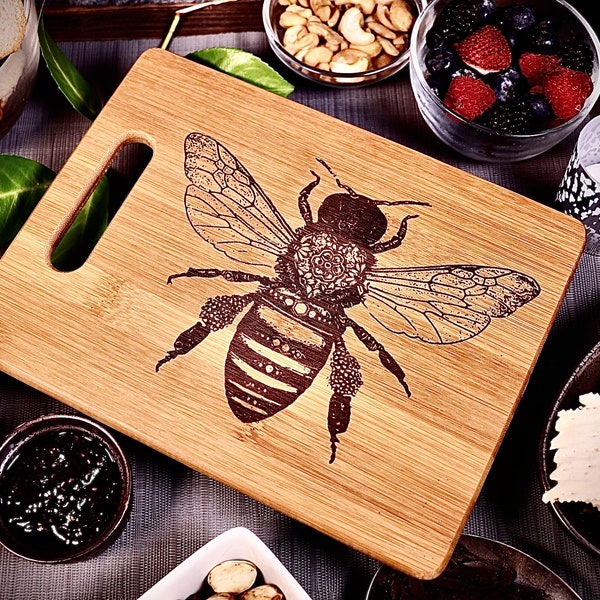 Ornate Bee Engraved Bamboo Cutting Board