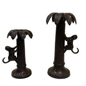 2 Vintage Bombay Holders Monkey Palm Tree 7” & 10” Metal Candlesticks