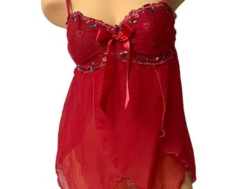Y2K Victoria&#39;s Secret Cherry Embroidery Petal Chiffon Fairy Babydoll Bustier 36C