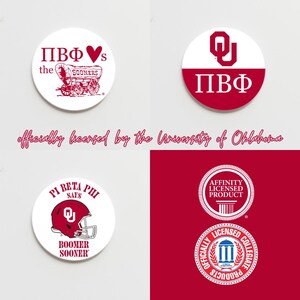 May include: Four round white stickers with red and black designs. The stickers feature the University of Oklahoma logo, the phrase "Pi Beta Phi says Boomer Sooner", and the phrase "Pi Beta Phi vs the Sooners".