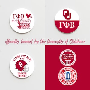 May include: Four round white and red stickers with the University of Oklahoma logo and the text "Gamma Phi Beta" and "Boomer Sooner". The stickers are officially licensed by the University of Oklahoma.