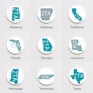 May include: Nine white circles with outlines of different states in the United States. Each state has the letters "ZTA" written in teal inside the outline. The states are Alabama, Arkansas, California, Florida, Georgia, Louisiana, Mississippi, Tennessee, and Texas.
