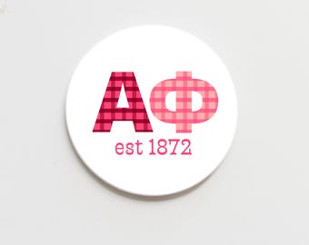 Alpha Phi Greek Gingham Letters Button
