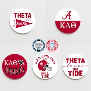 May include: Six round white and red stickers with various designs and text. The stickers feature the text "Theta says Roll Tide", "A KAO", "KAO loves BAMA", "Kappa Alpha Theta says 18 Roll Tide", and "Theta loves the Tide".