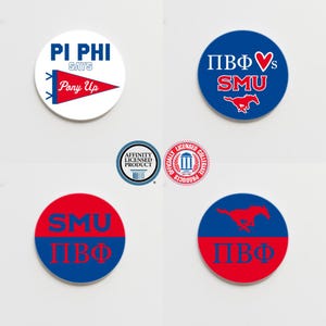 May include: Four round coasters with a red and blue color scheme. The coasters feature the text "PI PHI" and "SMU" with a running horse graphic. One coaster has a red heart and the text "PI PHI loves SMU".