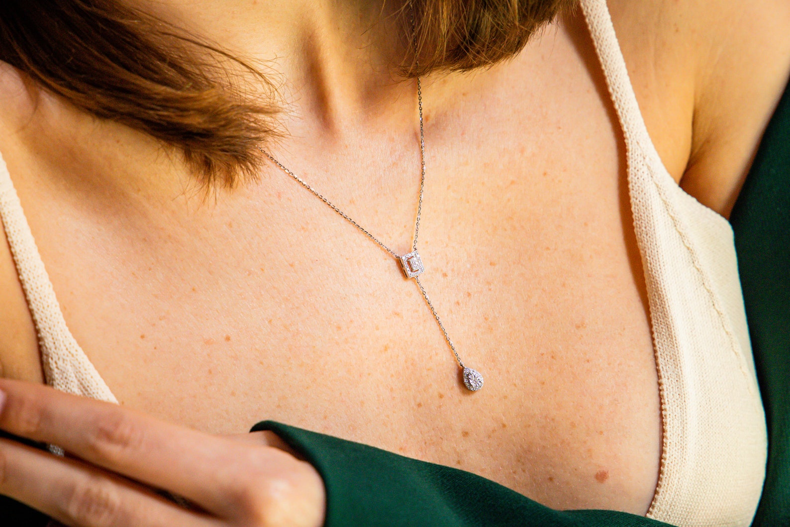 14K White Gold Lariat Necklace/ Diamond Drop Necklace /gift Etsy