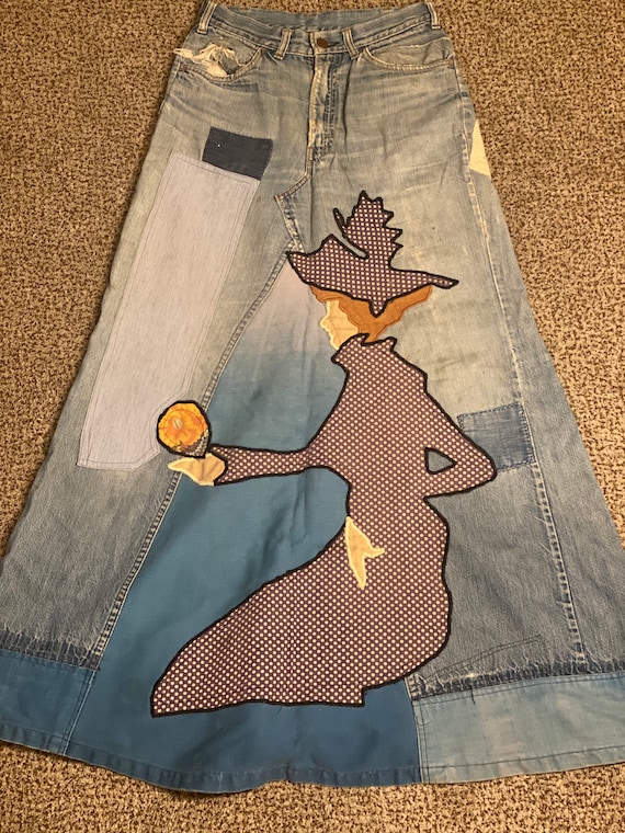 Vintage 1960s handmade denim patchwork hippy skirt