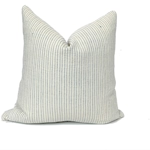 Nadi, Designer  linen striped accent pillow cover, white and blue textured throw pillow, handwoven lumbar pillow, modern farmhouse, boho