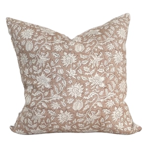 Safari, Designer linen floral accent pillow cover, light blush / rose / pink throw, block print lumbar pillow,