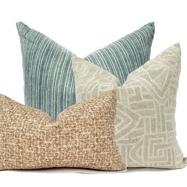 Curated sofa pillow cover combo, vintage blue/green, griege/tan, terra cotta throw pillow, modern boho style, transitional decor