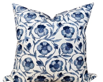 Floral in Blue Clay, Block print designer accent pillow cover, high end custom lumbar throw, custom sizing available