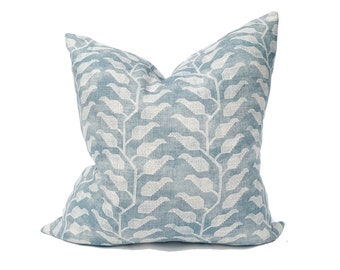 Lake Blue Linen Pillow Cover, Handmade Floral Geometric Throw Pillow
