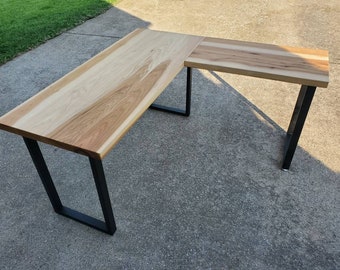 L shape wood desk, l shape desk, desk with metal legs, solid wood L desk