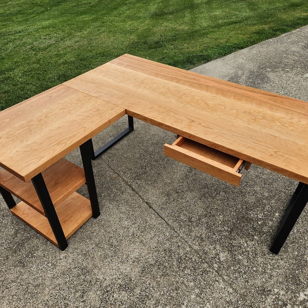 L shape wood desk, L shaped desk, desk with metal legs, solid wood L desk, Cherry corner desk