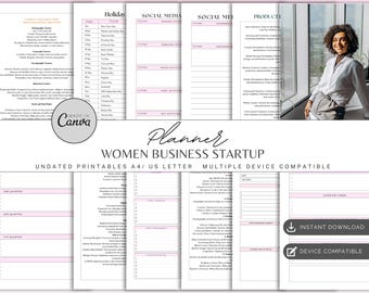 May include: A Women Business Startup planner with undated printables. The planner includes sections for social media, product development, and holiday events. The design is in pink and white, with the Canva logo and the words "Instant Download" and "Device Compatible".