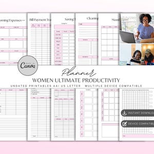 May include: A printable planner with the text "Women Ultimate Productivity" and "Undated Printables A4/US Letter Multiple Device Compatible". The planner includes sections for upcoming expenses, bill payment tracking, saving goals, cleaning, and monthly calendars. The planner is designed with a pink and white color scheme.