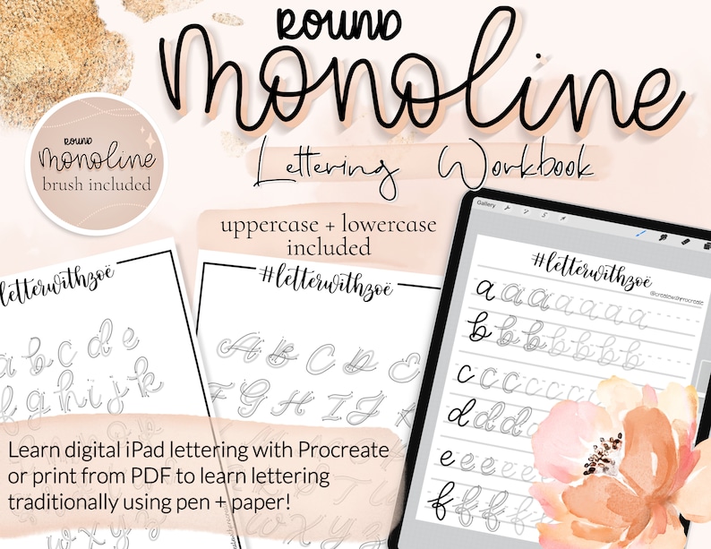 Monoline Lettering Brush Workbook for Procreate iPad Lettering digital lettering modern calligraphy procreate lettering brushes