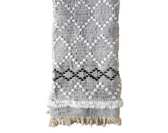 Artisan Work Decorative Geometric Pattern Oversize Throw Twin-TwinXL Bedspread Kenshō Turkish Cotton Handwoven Thick Oversize Blanket with Fringe