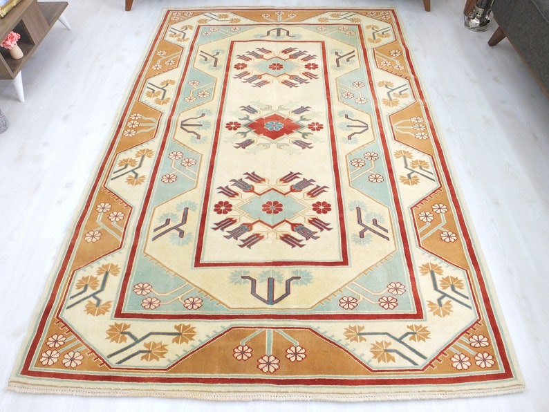 Turkish Rug 5.3x8,Turkish Carpet,Vintage Boho Decor Colorful Room Cappadocia Design Caucasian Entrance Carpet Faded Outdoor Low Pile Kitchen