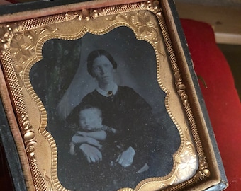 Large Haunting  Antique Ambrotype of Woman and Child