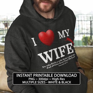 Diseño de camiseta con descarga instantánea para imprimir Amo a mi esposa. Prov. 18 Diseño de camiseta cristiana para imprimir Diseño de taza con diseño art déco para pared Tarjetas de regalo