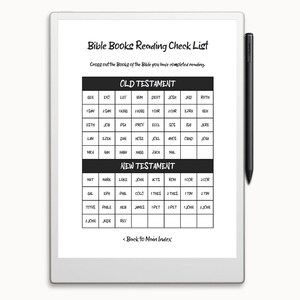 Op de afbeelding: Een zwart-witte checklist voor het lezen van de Bijbel. De checklist is verdeeld in twee secties: Oude Testament en Nieuwe Testament. Elke sectie somt de boeken van de Bijbel op in een rasterformaat.
