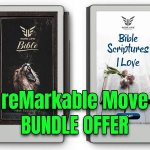 Puede incluir: Dos tabletas reMarkable una al lado de la otra. Una muestra "Bible" con una imagen de león, la otra "Bible Scriptures I Love" con un libro abierto y ajo. El texto "reMarkable Move BUNDLE OFFER" está superpuesto en verde.