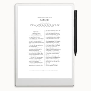 May include: A close-up of a page from the book of Genesis in the Bible. The text is in black and white and is printed on a white background. The page is from the first chapter of Genesis and describes the creation of the world.