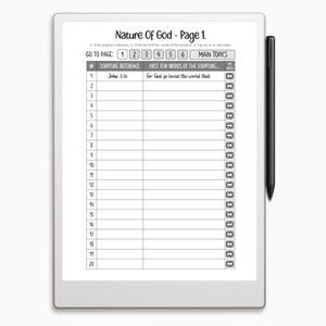 Op de afbeelding: Een zwart-witte printbare werkblaadje met de titel "Natuur van God - Pagina 1." De werkblaadje heeft een tabel met kolommen voor Schriftverwijzingen, de eerste woorden van de Schrift en de belangrijkste onderwerpen. De tabel heeft 20 rijen.