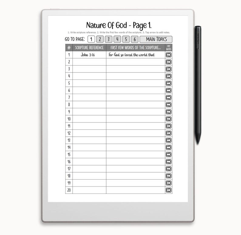 Op de afbeelding: Een zwart-witte printbare werkblaadje met de titel "Natuur van God - Pagina 1." De werkblaadje heeft een tabel met kolommen voor Schriftverwijzingen, de eerste woorden van de Schrift en de belangrijkste onderwerpen. De tabel heeft 20 rijen.