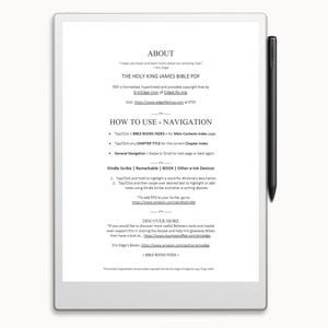 May include: A black and white image of a document with the title "About" and "The Holy King James Bible PDF". The document explains how to use the PDF and includes navigation instructions for Kindle Scribe, Remarkable, BOOX, and other e-ink devices. It also includes a link to discover more resources.