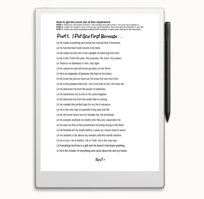 Op de afbeelding: Een witte pagina met zwarte tekst die de redenen uiteenzet om God op de eerste plaats te zetten. De tekst bevat zinnen als "Hij heeft alles gemaakt" en "Hij is de waarheid".