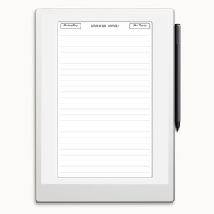 Op de afbeelding: Een wit digitaal notitieboek met een zwarte stylus. Het notitieboek heeft een gelinieerd blad met de tekst "NATURE OF GOD - SCRIPTURE 1" bovenaan. Het notitieboek heeft knoppen voor "Vorige pagina" en "Nieuw onderwerp".