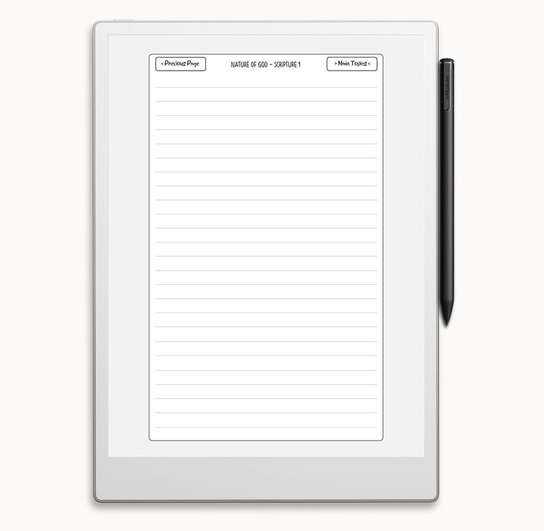 Op de afbeelding: Een wit digitaal notitieboek met een zwarte stylus. Het notitieboek heeft een gelinieerd blad met de tekst "NATURE OF GOD - SCRIPTURE 1" bovenaan. Het notitieboek heeft knoppen voor "Vorige pagina" en "Nieuw onderwerp".