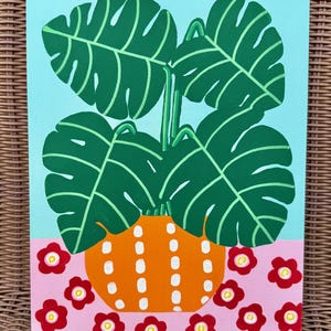 Original Monstera Acrylic Painting: Colorful Botanical Art, Polka Dot Pot (11x14 Canvas Panel)