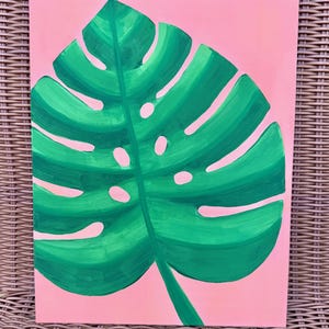 Monstera Leaf Acrylic Painting: Tropical Green on Pink, 11x14 Canvas