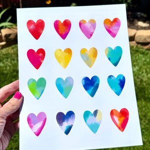 Watercolor Hearts Grid Art Print: Colorful Nursery Wall Decor (8x10)