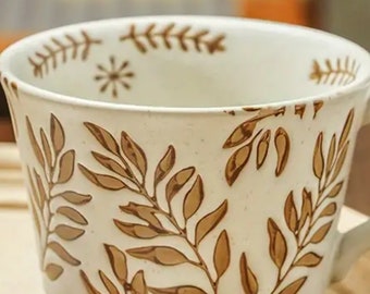 1pc, 11.16 Oz Ceramic Handmade Coffee Cup, Coffee Cup With Plant Pattern, pottery mug, Birthday Gift Stoneware Creative
