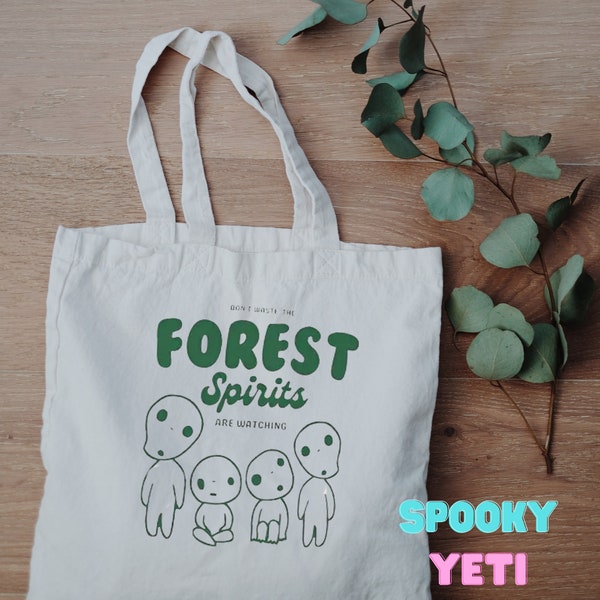 Kodama Forest Pattern Spirit Tote, Reusable Shopping Bags, Grocery Sacks, Travel Totes, Day Totes, Book Bags, Print, Handmade