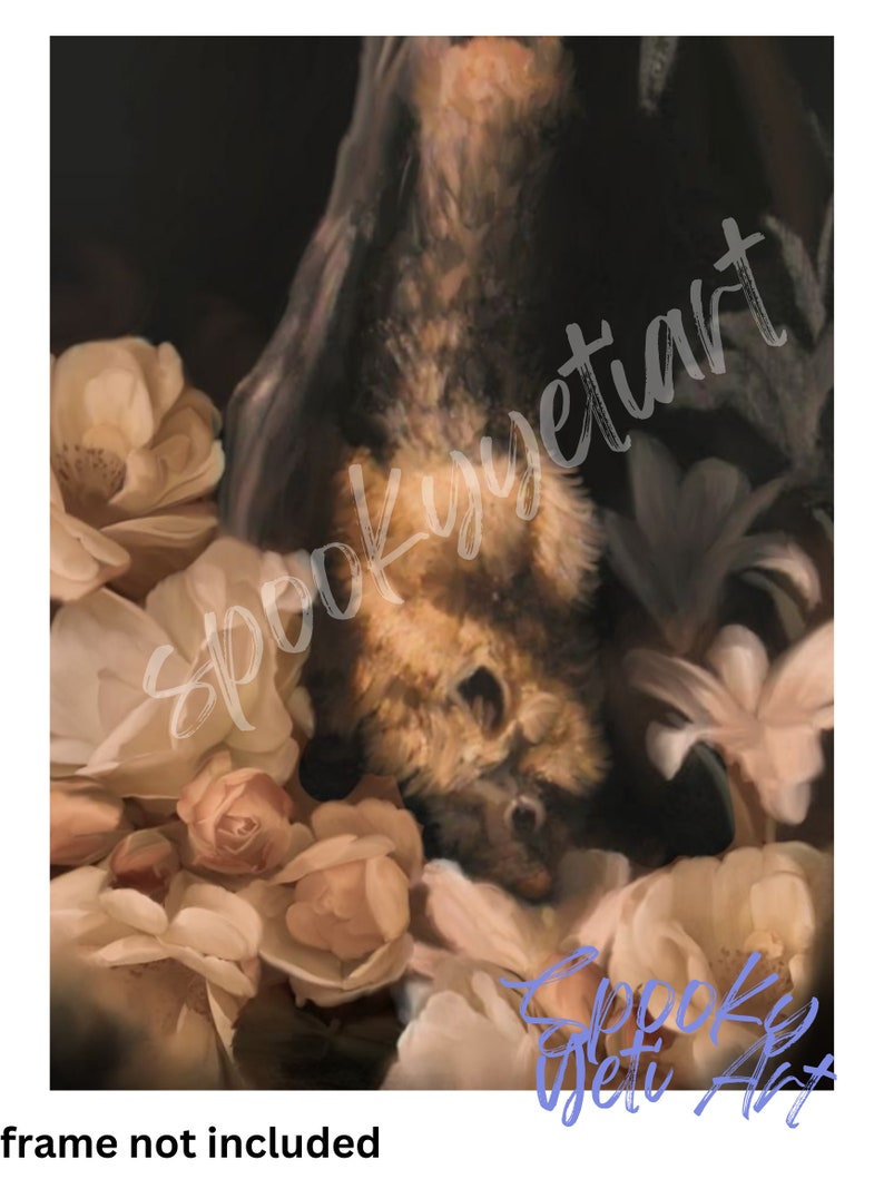 Baby Bat With Flowers Art Print, Fine Art, Digital Wall Art, Nature