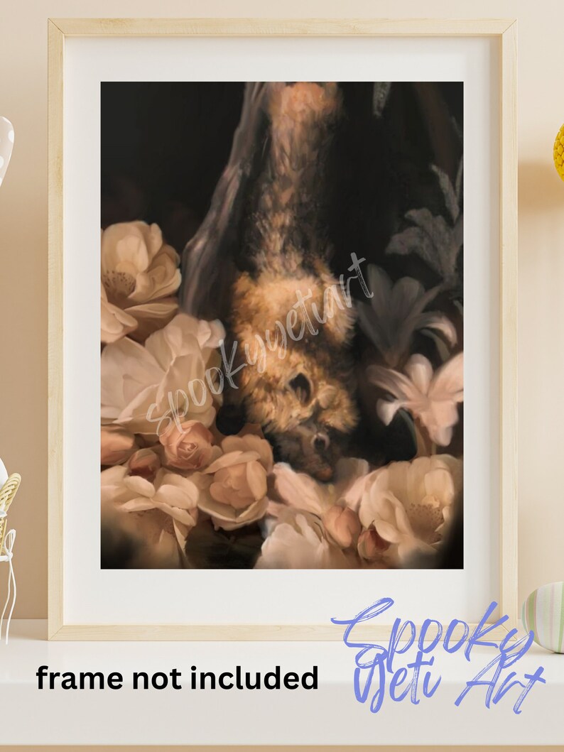 Baby Bat With Flowers Art Print, Fine Art, Digital Wall Art, Nature