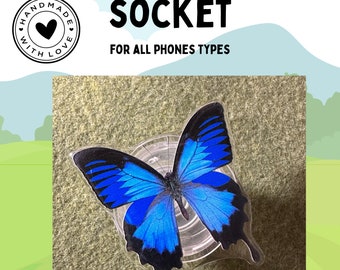 Cute Blue Butterfly Expandable Collapsible Mobile Phone Grip Stand Holder For Smartphone Tablet Cell Phone Accessory Phone Grips