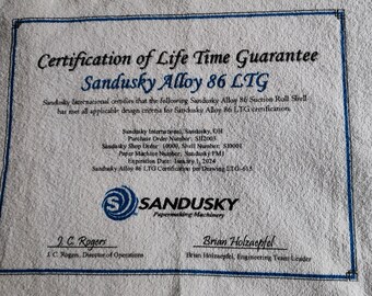 Vintage Sandusky Papermaking Machinery Suction Roll Certificate Advertisement Hand Towel