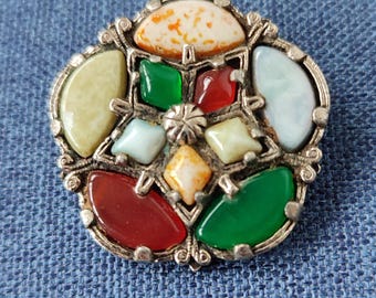 Celtic Style Vintage Metal Brooch With Colourful Stone-Like Insets