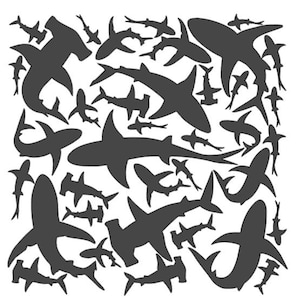 May include: A black and white silhouette design featuring multiple sharks and hammerhead sharks. The design is perfect for creating a unique and stylish wall decor or for use in crafting projects.