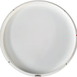 May include: White disc with a raised rim and a small red dot on the edge. The disc has a black (MRM) logo printed on the bottom.