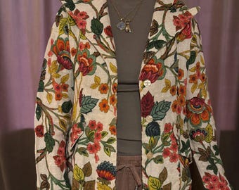 Chaqueta vintage con tapiz floral / Blazer con estampado botánico / Abrigo con estilo años 70 / Talla M de mujer