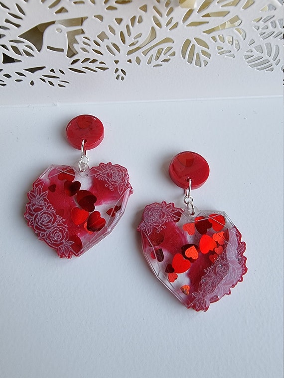 Red heart cheap drop earrings